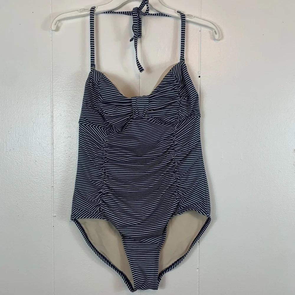 Merona Striped Nautical Coastal One Piece Swimsuit Convertible Blue White